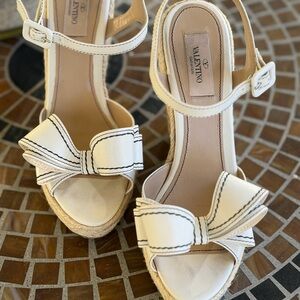 Valentino Cream Wedge Sandals with Bow